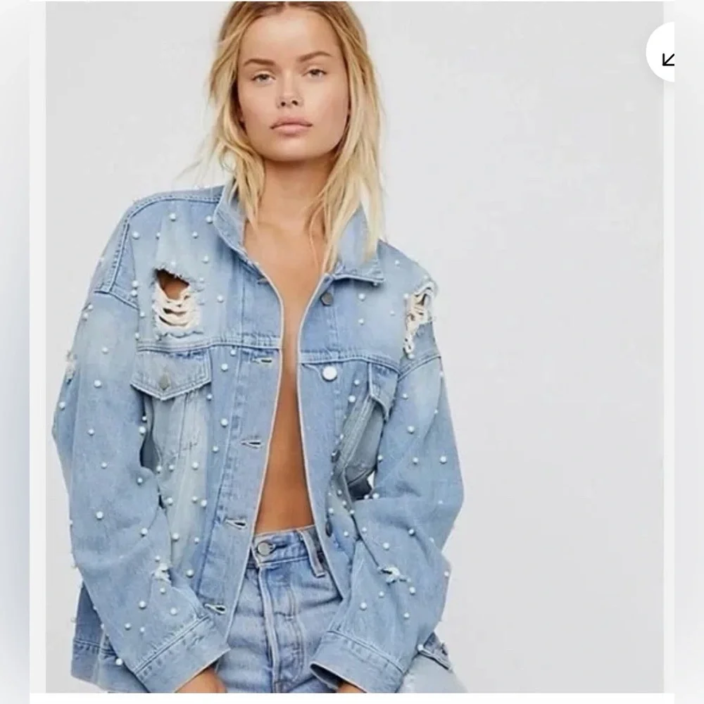 Free people Sunday funday pearl light Blue Denim Jacket with Pearls distressed - Picture 2 of 9